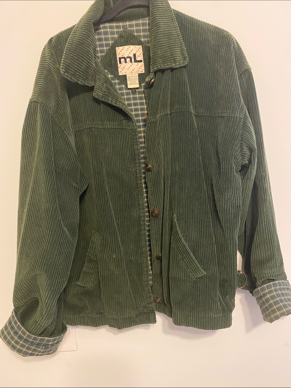 Ml Sport Olive Green Corduroy Shirt Jacket with Plaid Lining, no damage